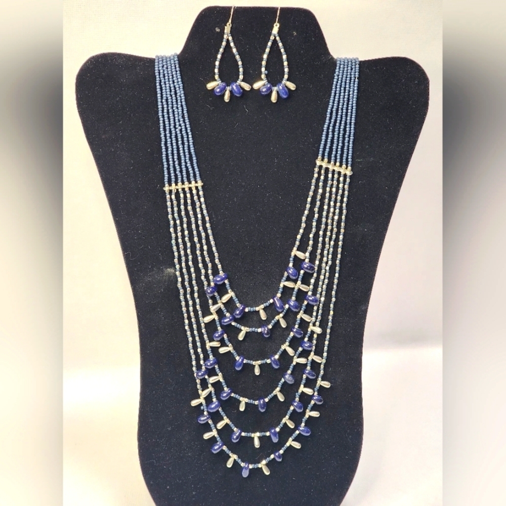 Navy and Silver Beaded Necklace and Matching Earring Set